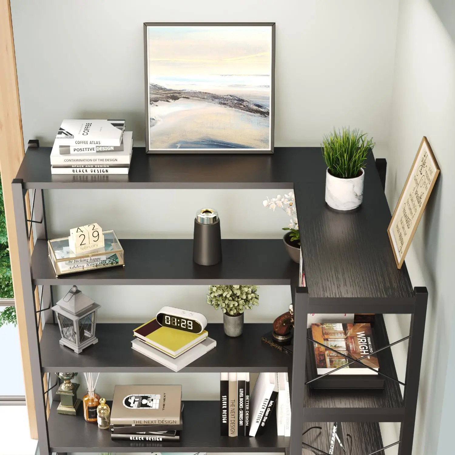 رف كتب صناعي عتيق مكون من 6 أرفف، خزانة تخزين مفتوحة بإطار معدني كبير (أسود) #6