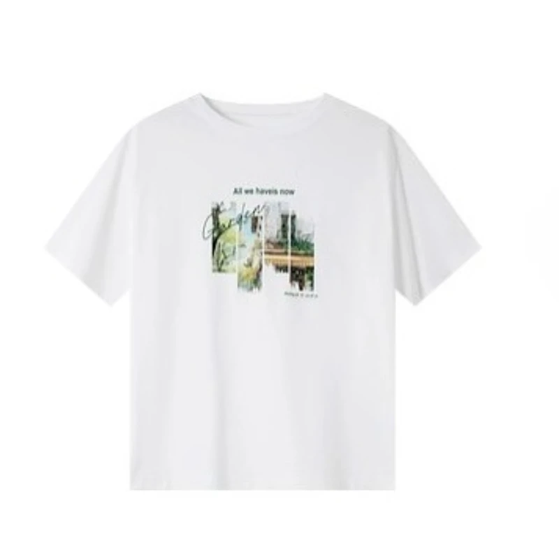 VIMLY Wit T-shirt Dames Zomer 2025, Casual 100% Katoen Gedrukt Natuurlijk Landschap Ronde Hals Vrouw Korte Mouw Tops M9828