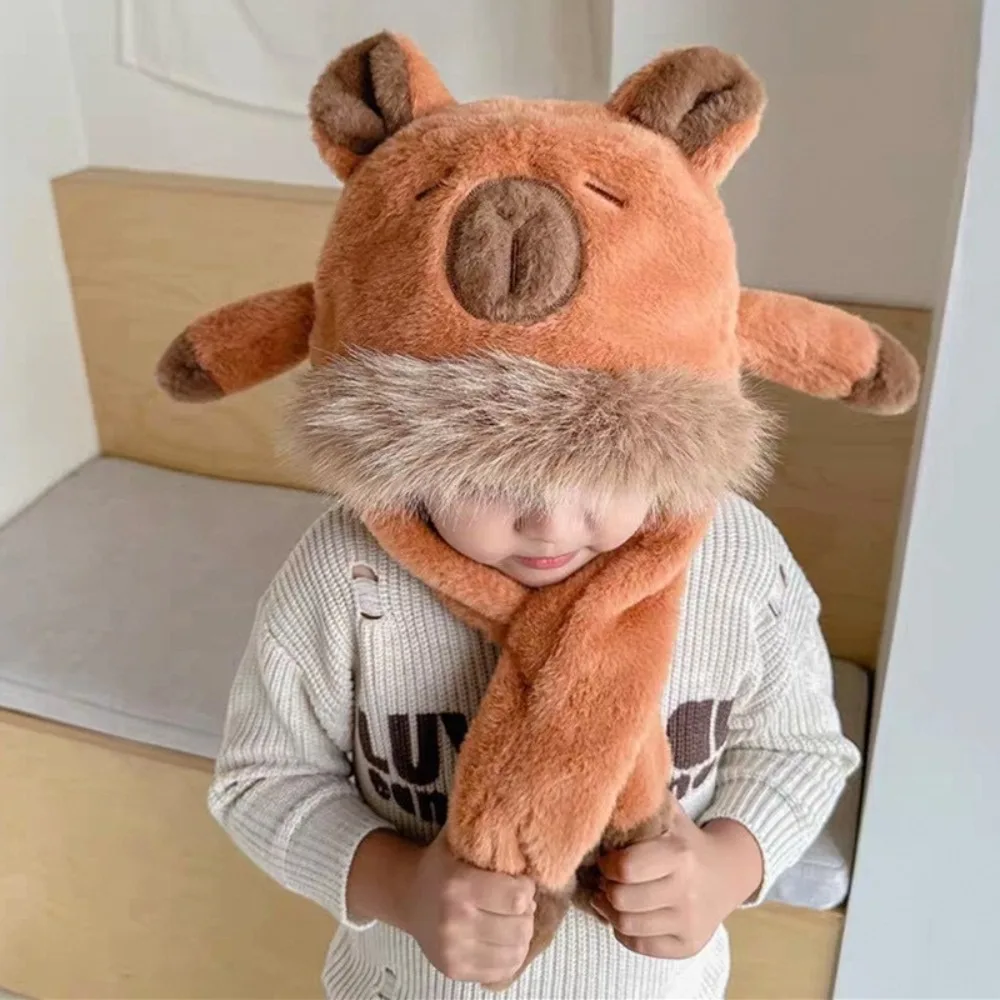 

Windproof Kids Ear Protection Hat Movable Ears Thickened Capybara Hooded Scarf Integrated Soft Children's Pullover Cap