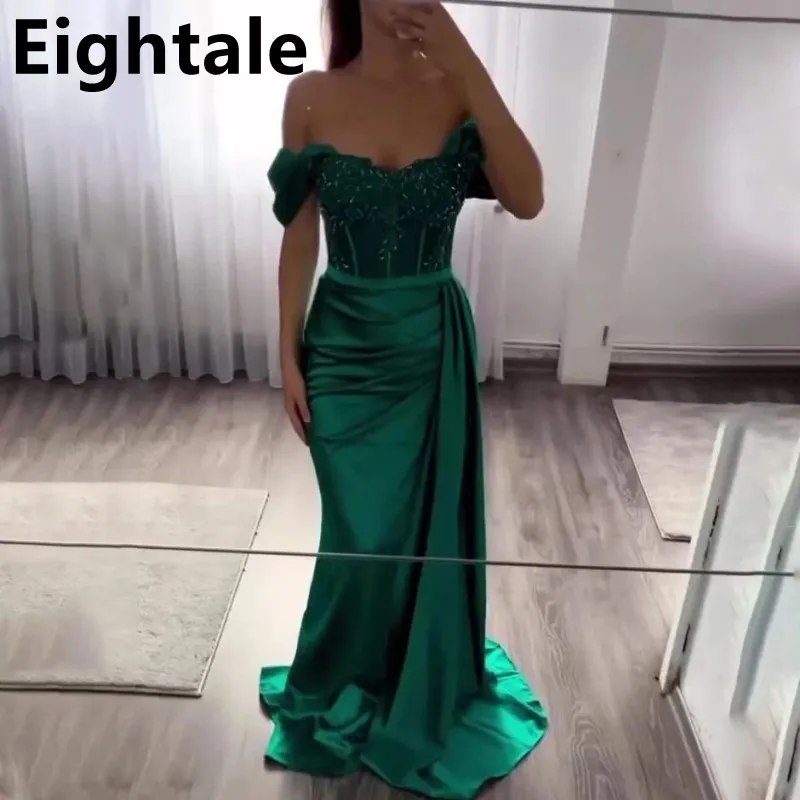 

Eightale Green Mermaid Evening Dress Off Shoulder Slit Satin Beading Dress Arabic Formal Prom Party Gown Celebrity Dress