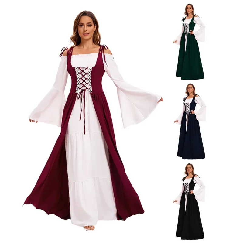 Large Size Court Medieval Dress Tie Waist Retro Stage Performance Clothes Halloween Palace Dress Carnival Roleplay Party Costume