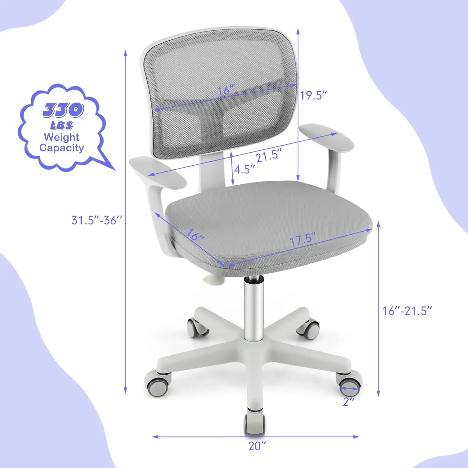 Adjustable Children Study Computer Chair with Arms & Wheels, Student Swivel Rolling Task Chair, Ergonomic Kids Office Chair for
