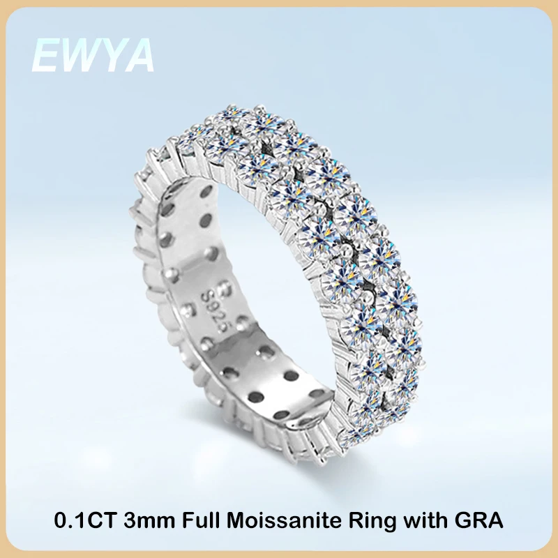 

EWYA Luxury 3mm 0.1CT Full Moissanite Ring For Women Unisex S925 Silver Plated 18K Diamond 2-Row Rings Eternity Wedding Band