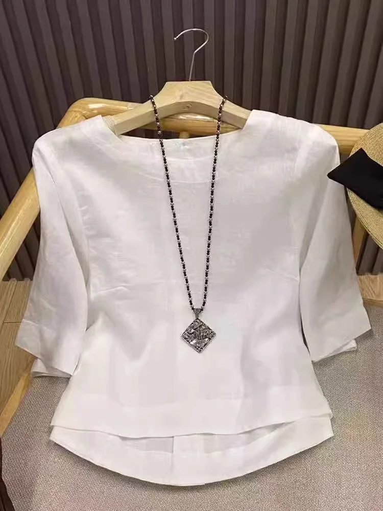 

Белый Хлопок Льон ор Све круглый Ne irt Женский Летний Повседневный Универсальный Mid Sve ort Length Top Commute Korean Sle