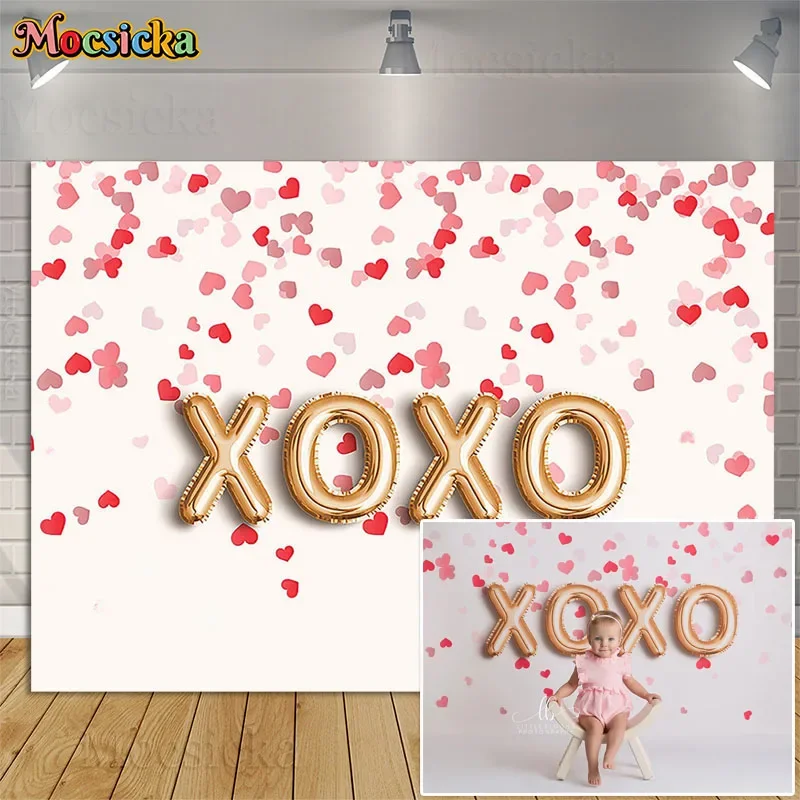 

Valentine's Day Backdrops Love Heart Sticker XOXO Balloon Party Decoration February 14 Kids Birthday Portrait Photo Background