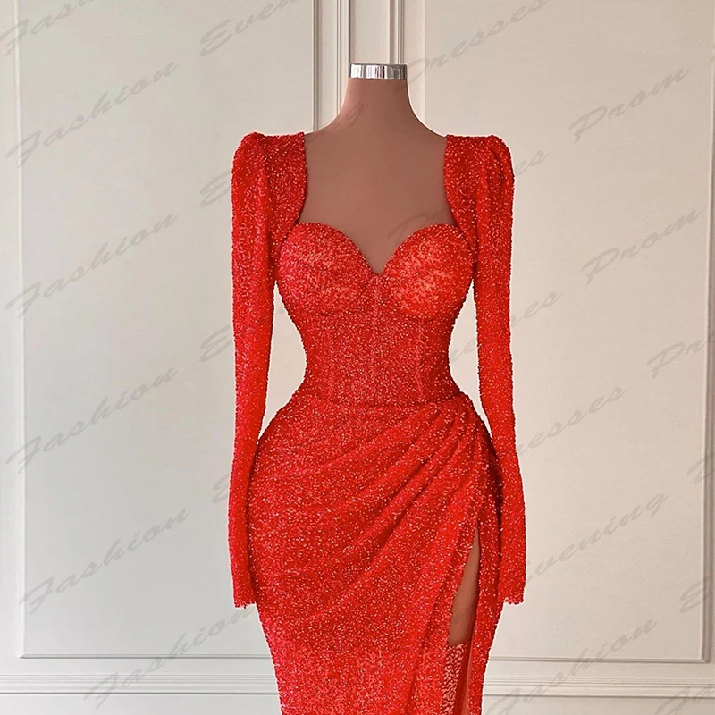 Sexy Luxurious Beading Evening Dresses For Women Off Shoulder Long Sleeves Gorgeous Satin Simple Mopping Party Prom Gowns 2024