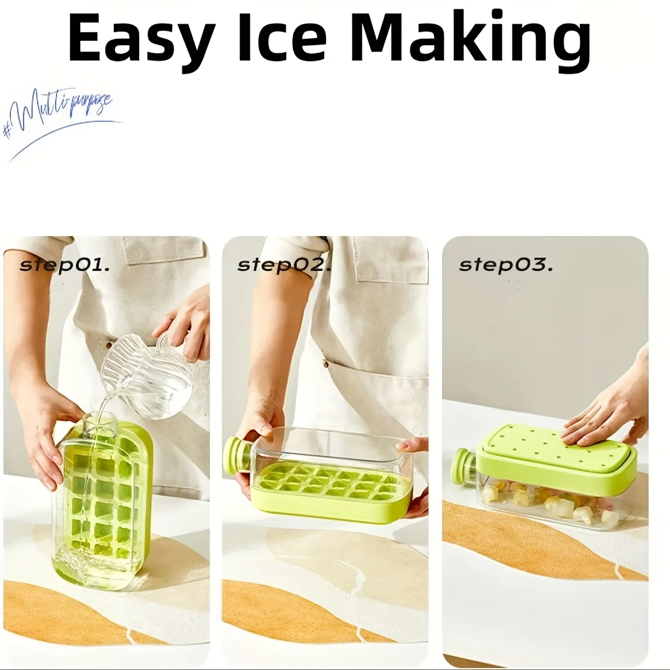 كوب زجاجة ثلج، زجاجة مياه 2 في 1 بدون ضغط على قالب مكعبات الثلج مع غطاء وصندوق، زجاجة مكعبات ثلج (أبيض، 800 مل) #5