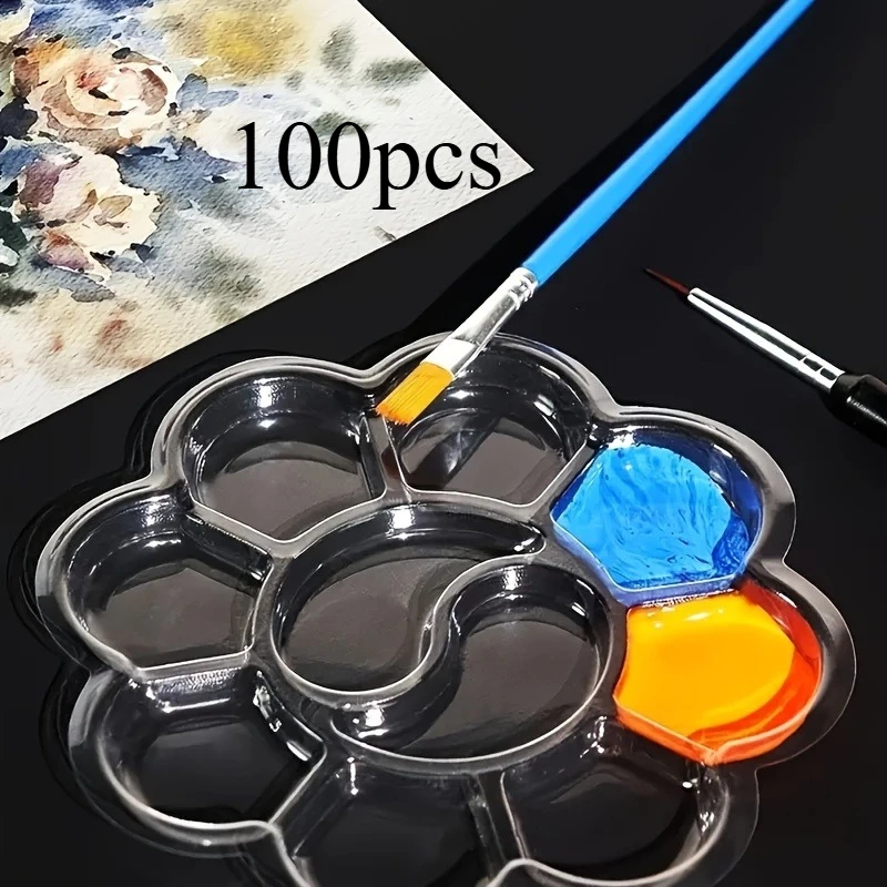 100pcs Disposable Flower Shaped Paint Palettes | Plastic Trays for Watercolor, Acrylic & Gouache Mixing, Art Student Supplies,