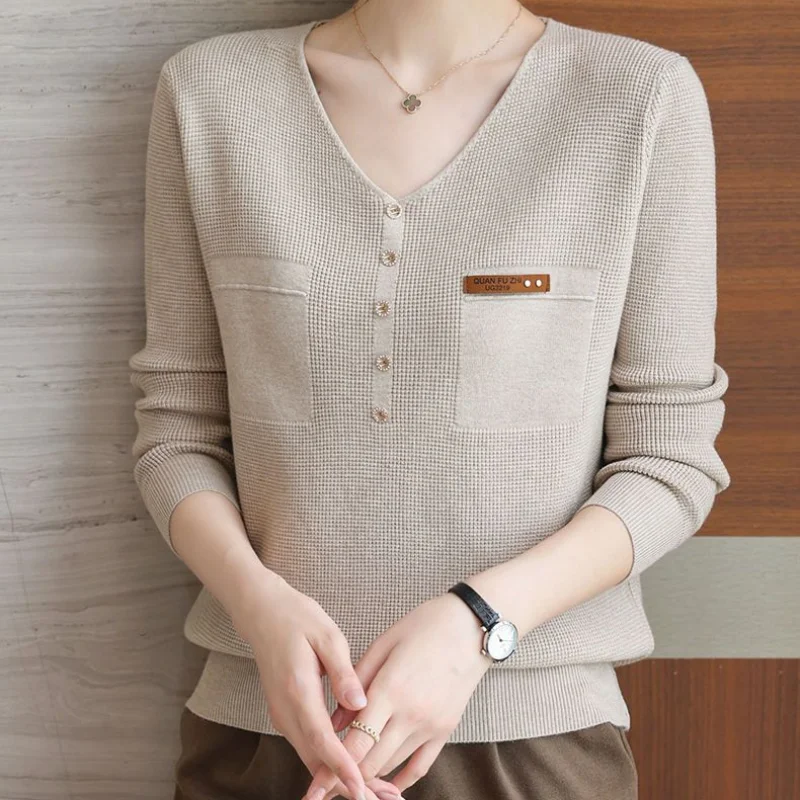 Commuter Veelzijdig Elegant Temperament Dames Top Schroefdraad Gesplitst Knoop V-Hals Lange Mouw Effen Kleur Pullover Shirt