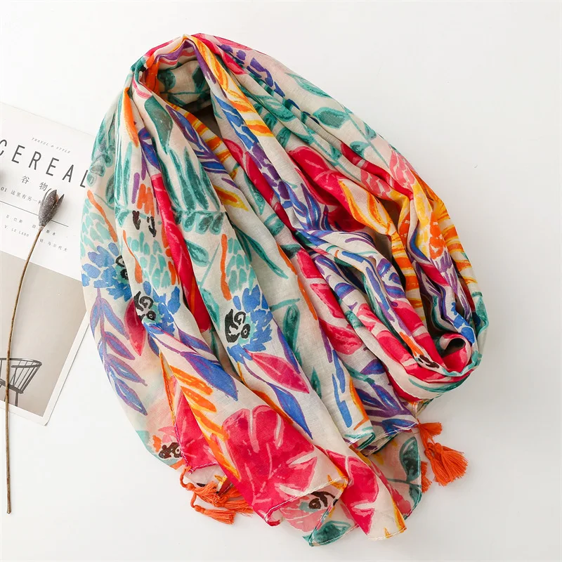 2025 New Luxury Bohemia Designer Women Scarf Print Lady Shawls Cotton Feeling Soft Hijabs Wraps Neck Headband Tassel Foulard