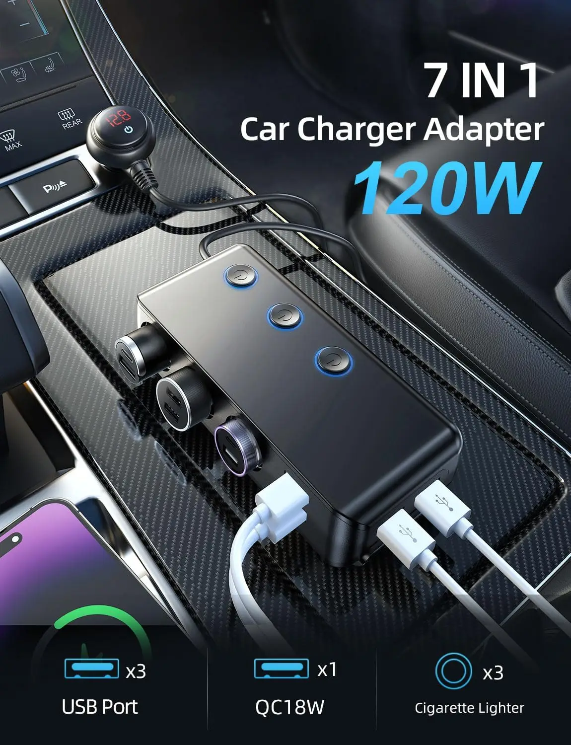 Car Charger Cigarette Lighter Adapter Quick Charge 3.0 120W 12V/24V 3-Socket Power Splitter DC Outlet with 8.5A 4 USB Ports