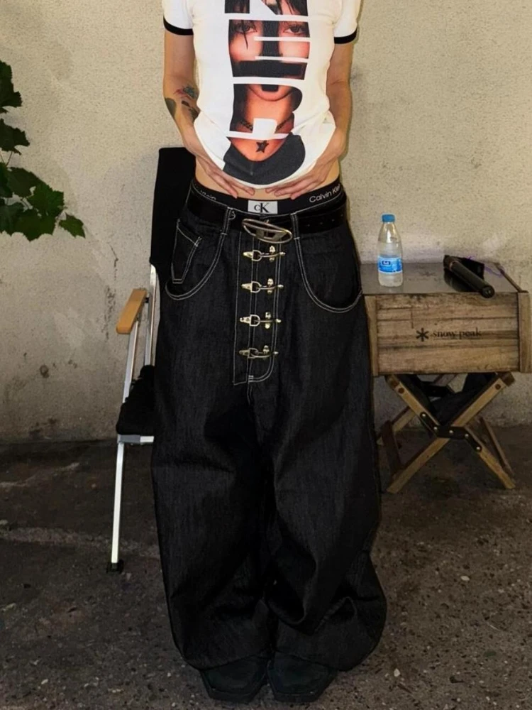 Deeptown Y2k Black Metal Buckle Design Women Jeans Washed Oversized Wide Leg American Vintage Denim Pants Hip Hop Streetwear
