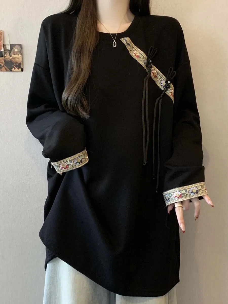 New Chinese Style National Trend Button up Long Sleeve Bottom Shirt Hoodie Women's Style Spring Autumn plus Size Butt Coverin...