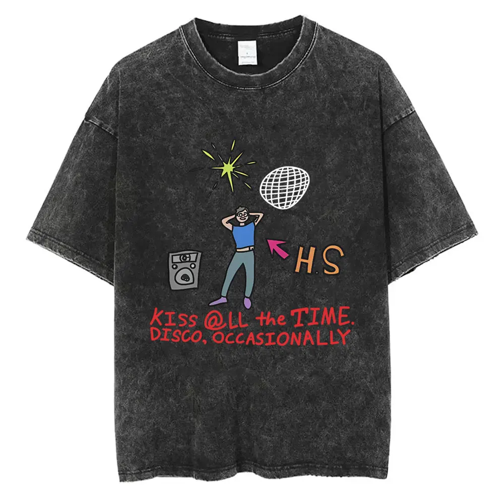 

Kiss All The Time Disco Occasionally Washed T-shirt Men Women Hip Hop Fashion Oversized Streetwear Male Vintage Casual Tshirt
