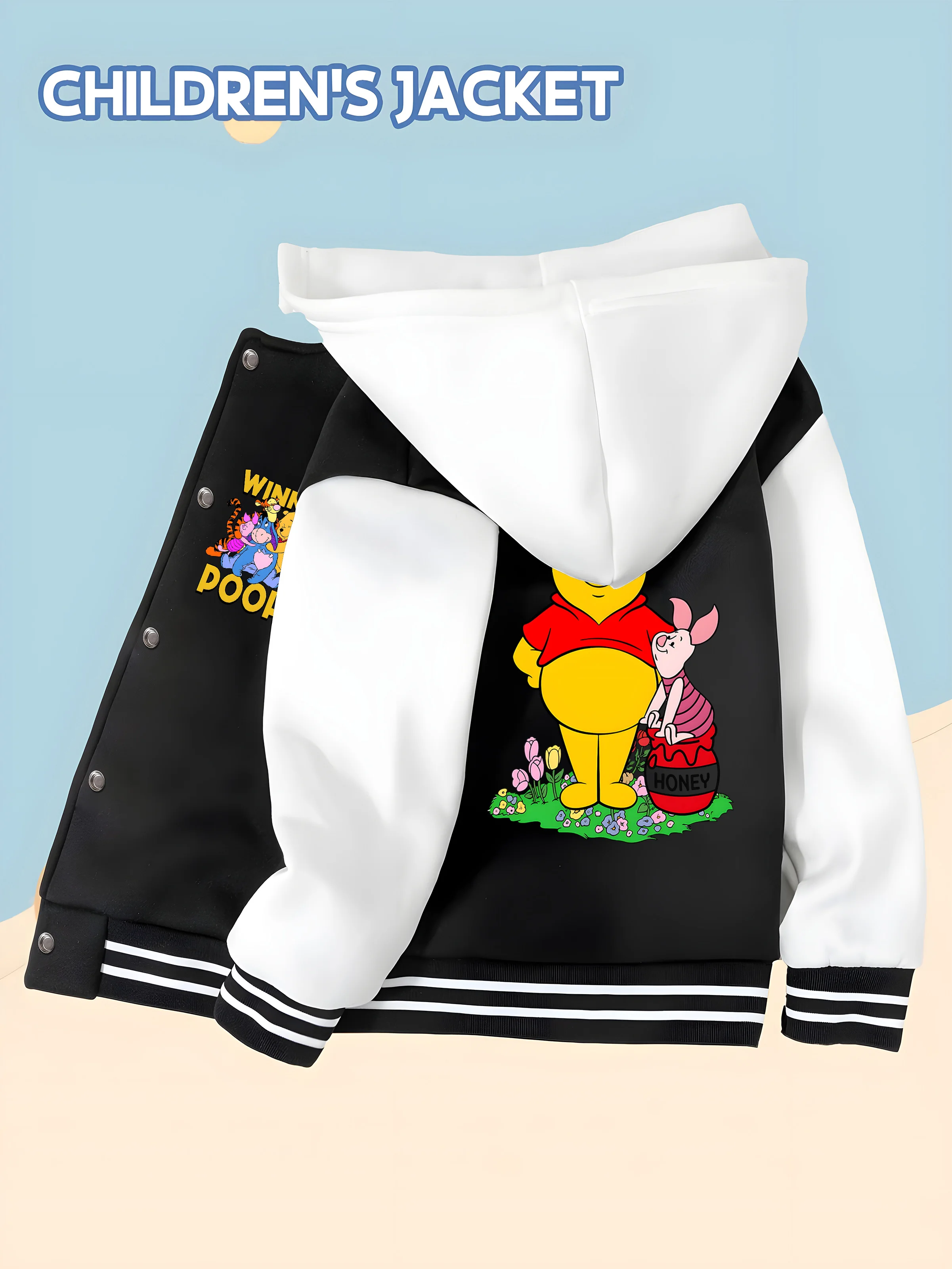 

MINISO Disney Boys Baseball Jacket - Winnie the Pooh Piglet Print, Double-sided pattern, Lively and cute, Soft fabric