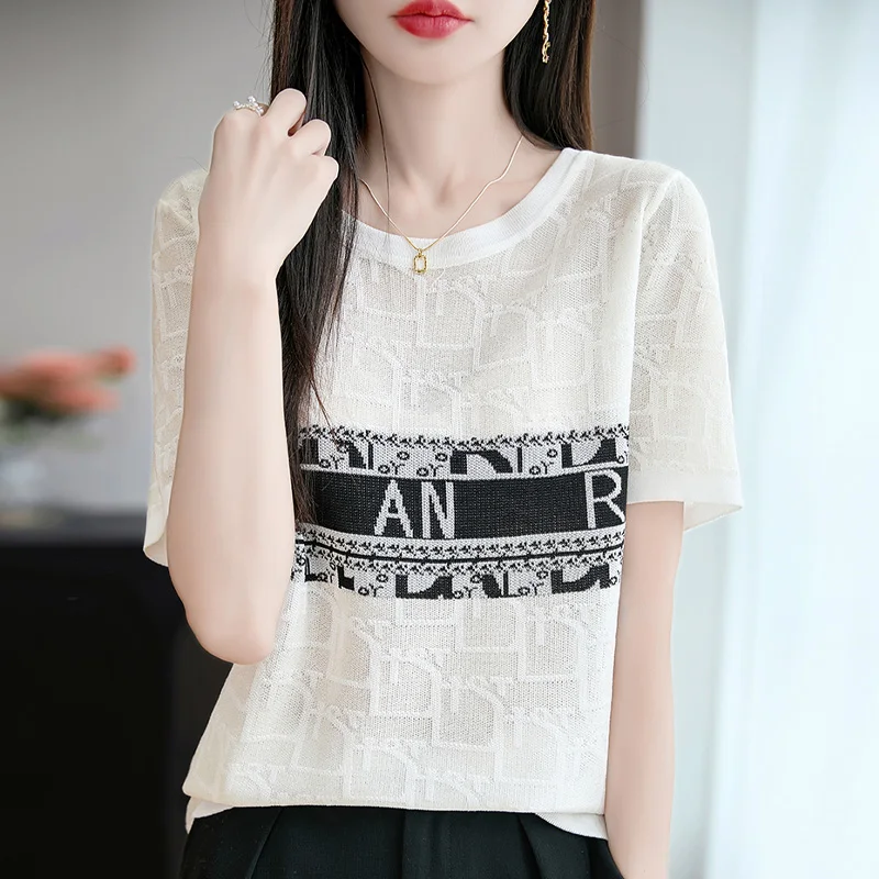 Suéter de mujer verano 100% Lyocell letra impresa cuello redondo Camiseta de manga corta 2025 nuevo Color sólido moda Edición coreana