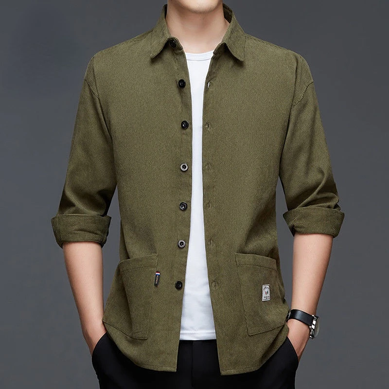 Spring Autumn Men Corduroy Solid Shirt Korean Fashion Streetwear Male Clothes Long Sleeve Button Pocket Business Loose Coat Tops