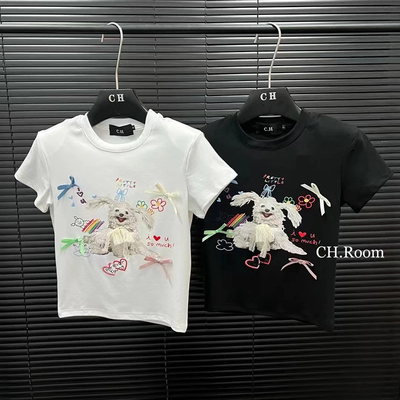 

Новая летняя женская футболка в японском стиле с принтом собаки и бантом, с коротким рукавом, приталенный укороченный топ в корейском стиле из смесового хлопка