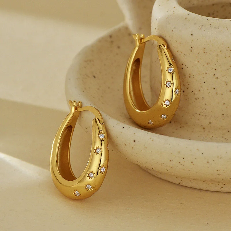 

S925 sterling silver women's earrings gold-plated zircon octagonal star popular fashion jewelry party accessories