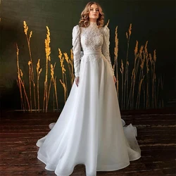 Luxurious Vintage High Neck Lace Long Sleeve Mopping Beautiful Wedding Dresses Boho Elegant Fascinating Romantic Bridal Gowns