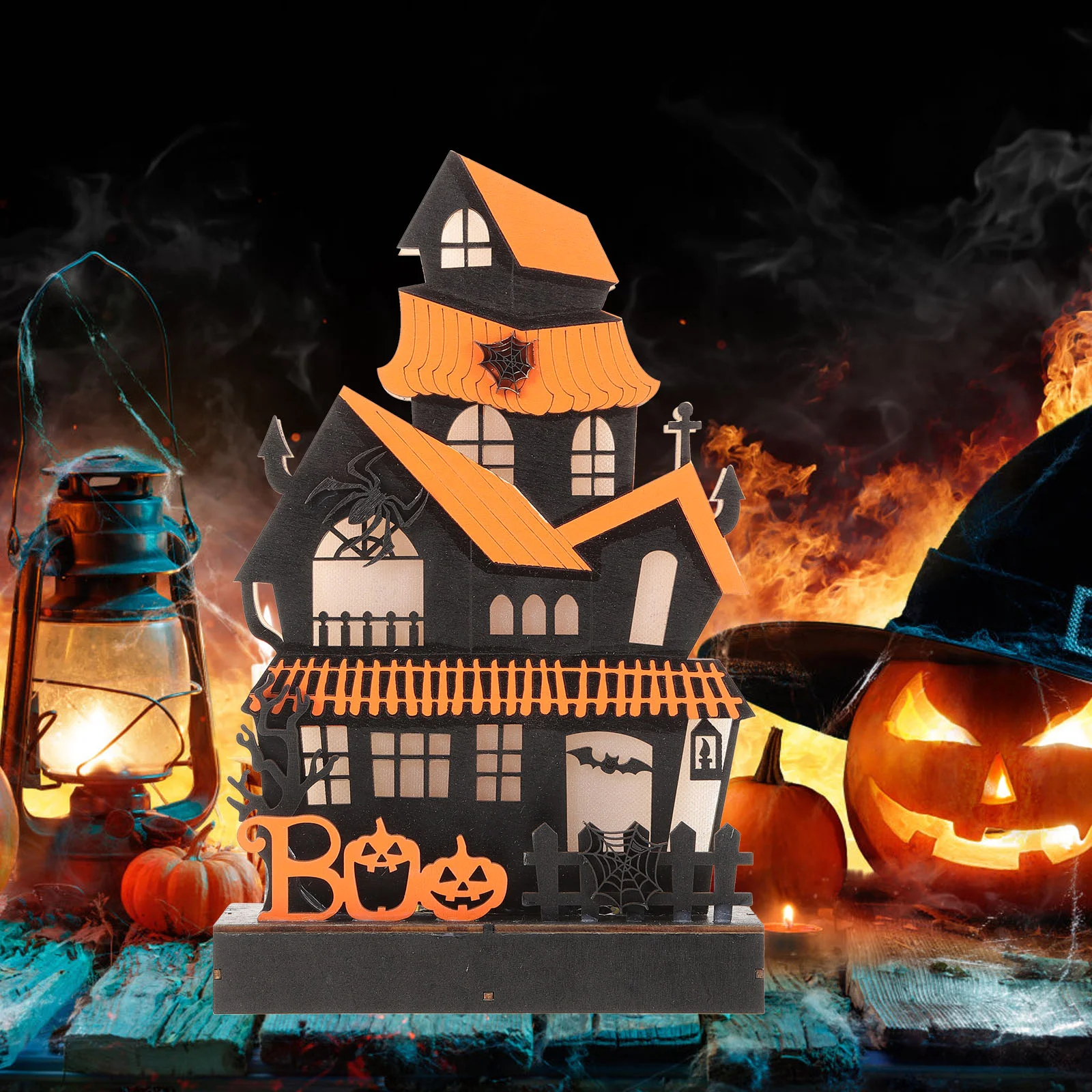 

Haunted House nament Halloween Adornment Decoration Home LED Small Wooden Decorative House Shaped Supplies Office