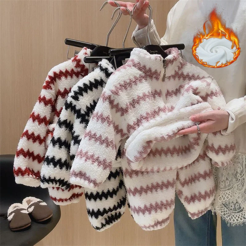 الأطفال مجموعات دافئة الفتيان الفتيات الشتاء مخطط منامة الدعاوى الخريف الاطفال فضفاض كنزة صوف السراويل 2 قطعة المراهقين زمم وتتسابق