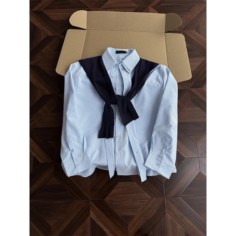 

Retro Pleated Texture Shoulder Scarf Stripe Long Sleeve Loose Casual Men's Shirt Youthful Trend Autumn Wear Daily Use