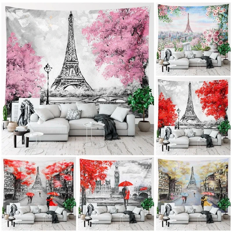 Paris Eiffel Tower Pink Wall Tapestry Room Decor Oil Painting Art Girl Tapestry Wall Hanging Aesthetic Bedroom Decoration Home