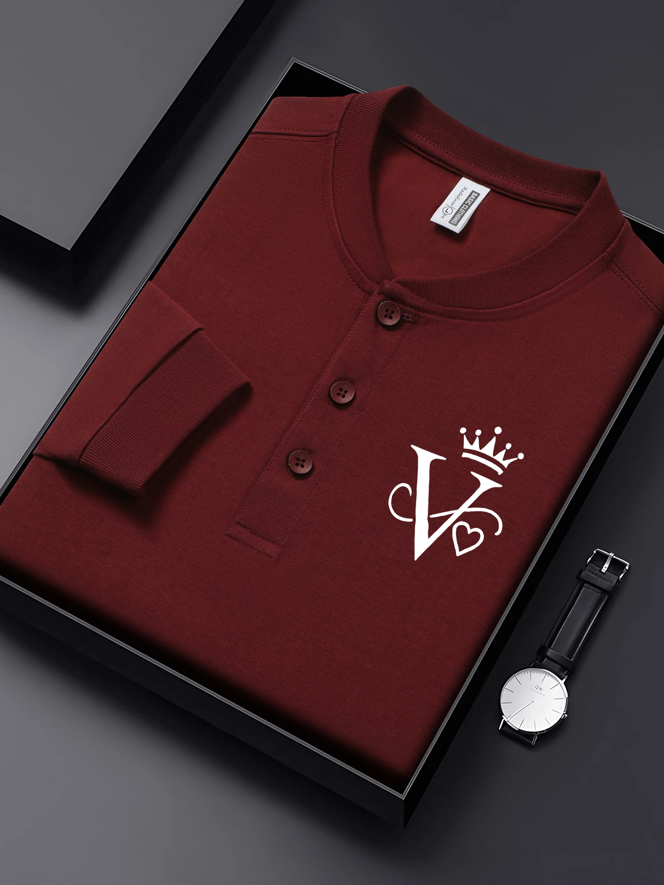 

Crown Heart Letter V Simple Pattern Henley Shirt Mens Autumn Soft T Shirts Cotton Comfortable Long Sleeve Henry Neck Clothing
