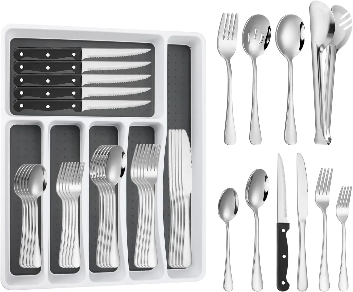 

53PCS Silverware Set for 8 with Flatware Drawer Organizer, Stainless Steel Cutlery Set with Steak Knives, Include Spoons and For