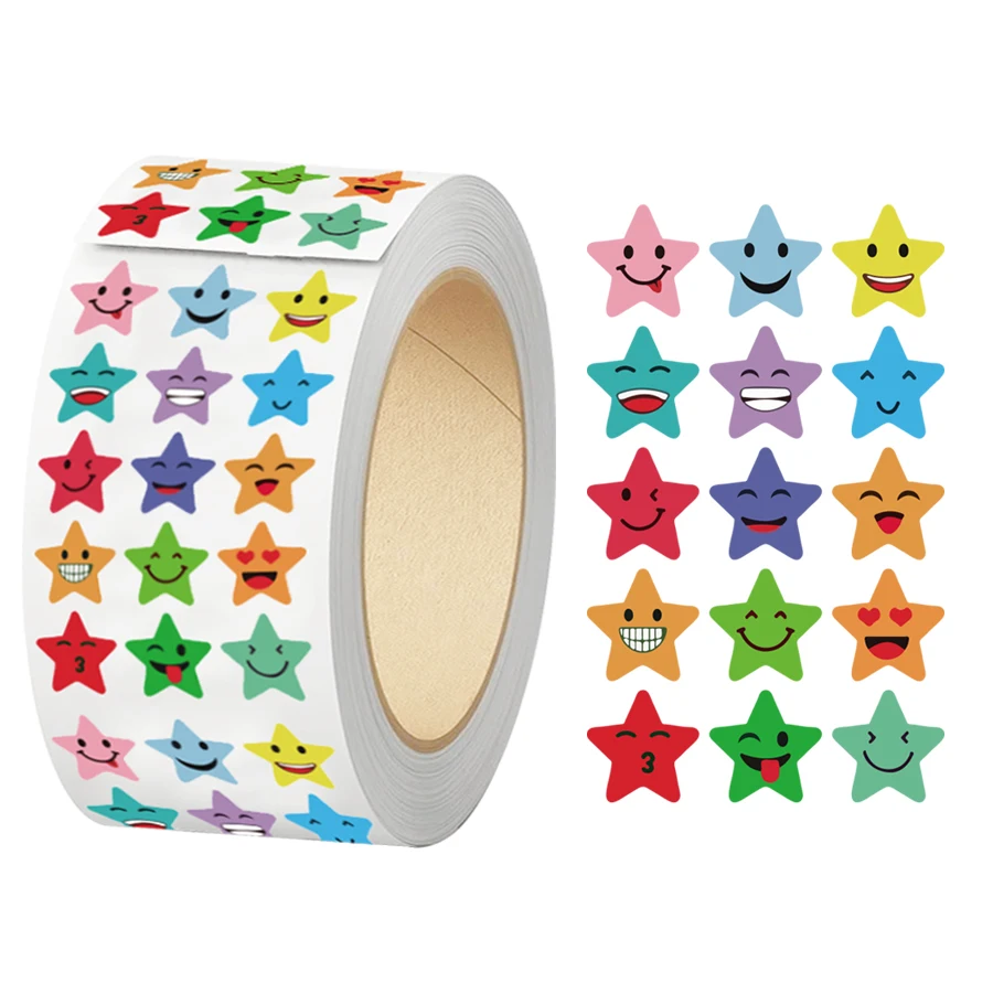 

1500 Pcs Star Expression Stickers Roll - Multicolor Decorative Label Stickers for Packaging, Sealing, Journals