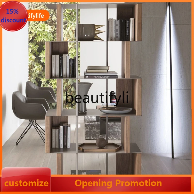 

cn8617 ss Italian Style Solid Wood Bookshelf Floor Bookcase Open Storage Rack Steel Wood Display Rack