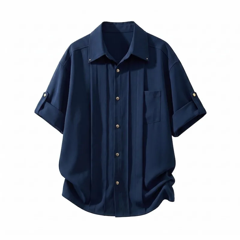 Men Luxury Pleated Court Button Short Sleeve Shirt Wrinkle Resistant Non Iron Casual White Blouse For Men