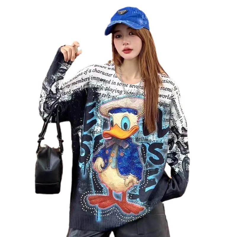 Langarm pullover weibliche Trend marke Schwerindustrie Hot Diamond Loose Fashion Tops Frauen Cartoon Rundhals ausschnitt Pullover Top