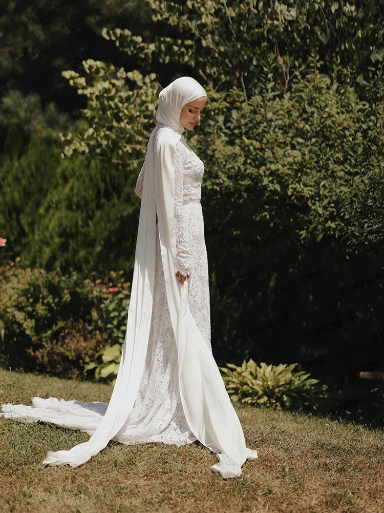 Muslim Lace Weddings Dresses with High Neck Long Sleeves Mermaid Hijab Brides Dress Elegant Islam Garden Bridal Gown Customized