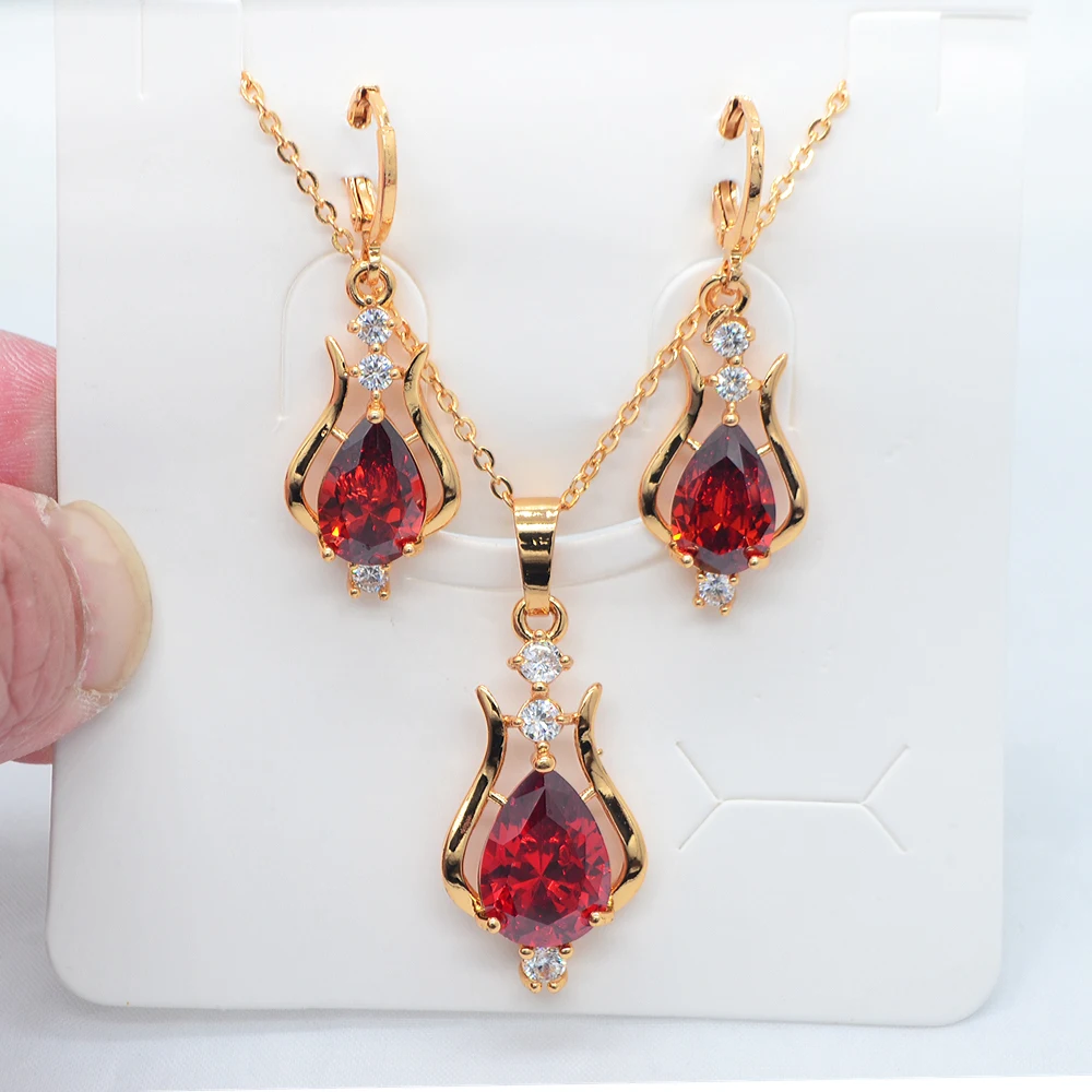 Fashion Gold Color Women Red Cubic Zirconia Water Drop Earrings & Pendant Jewelry Set