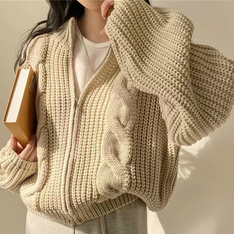 HELIAR Women Zipper Rib Loose Cardigan Coat Lantern Sleeve Knit Warm Sweater Coat Solid Casual Office Jacket Women Fall Winter