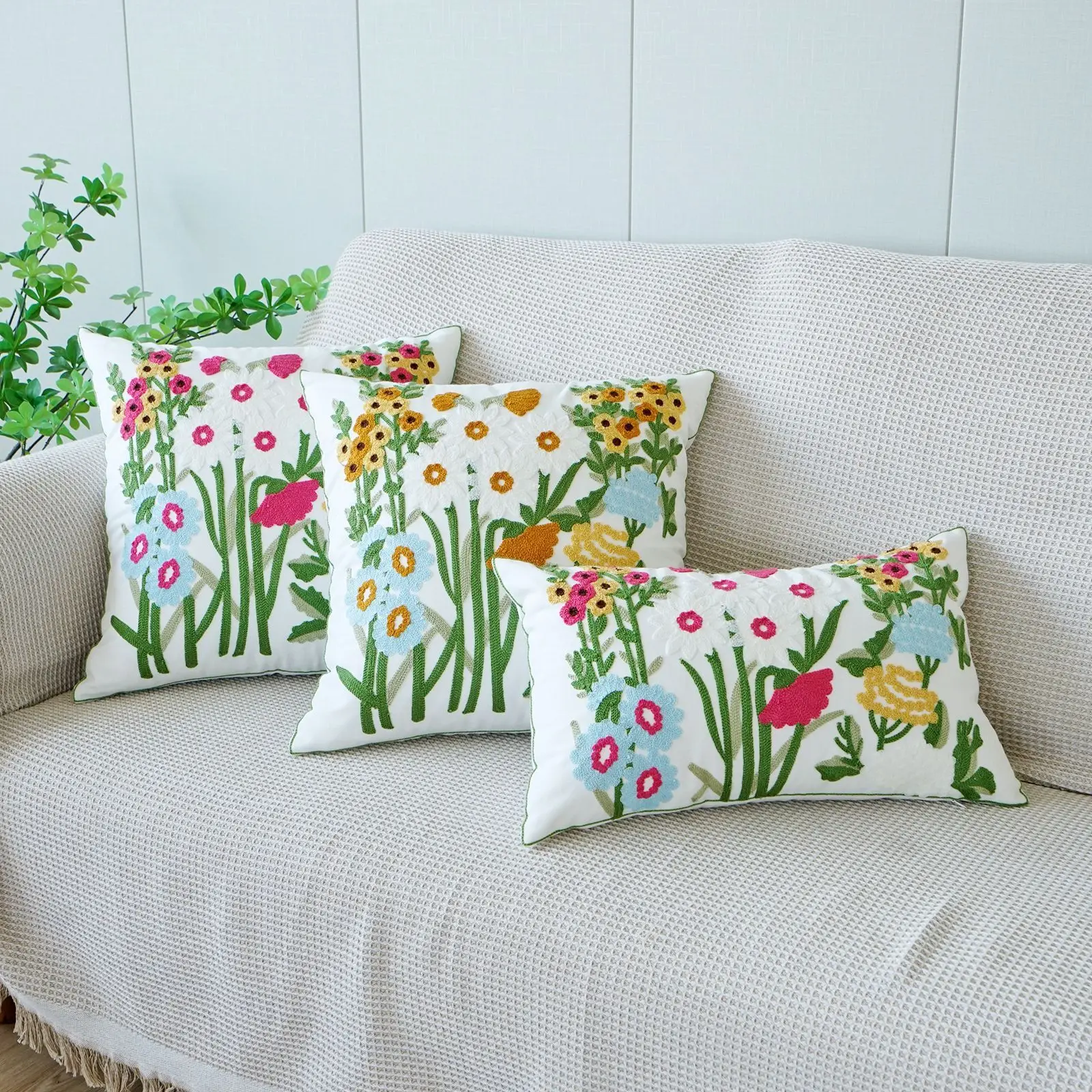 3D Big Flowers Bohemian Embroidered Decorative Square Boho Pillowcases Cozy Cushion Cases For Farmhouse Sofa Bedroom Living Room