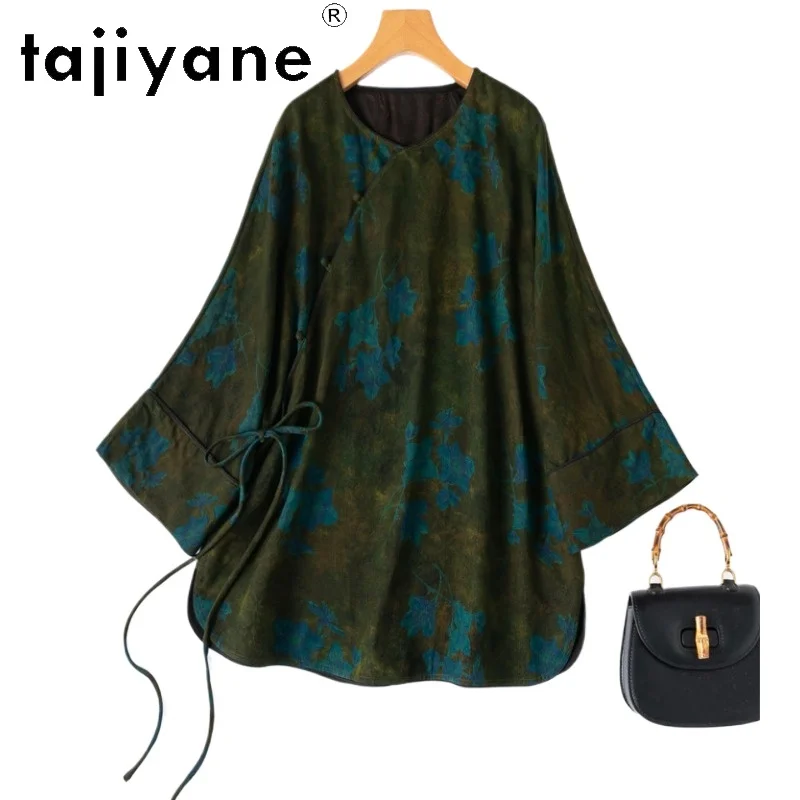 

TAJIYANE 100% Real Mulberry Silk Blouse for Woman Olive Green Floral Xiangyun Sha Shirt Loose Casual Tops 2026 Spring Clothes 셔츠