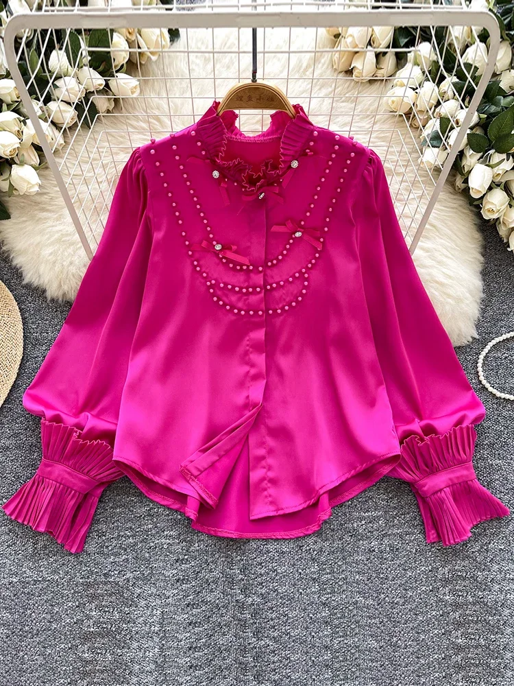 

French Style Shirt for Women in Spring Autumn New Style with Beaded Bow Loose Long Sleeved Satin Blouse Women's Chic Top C48
