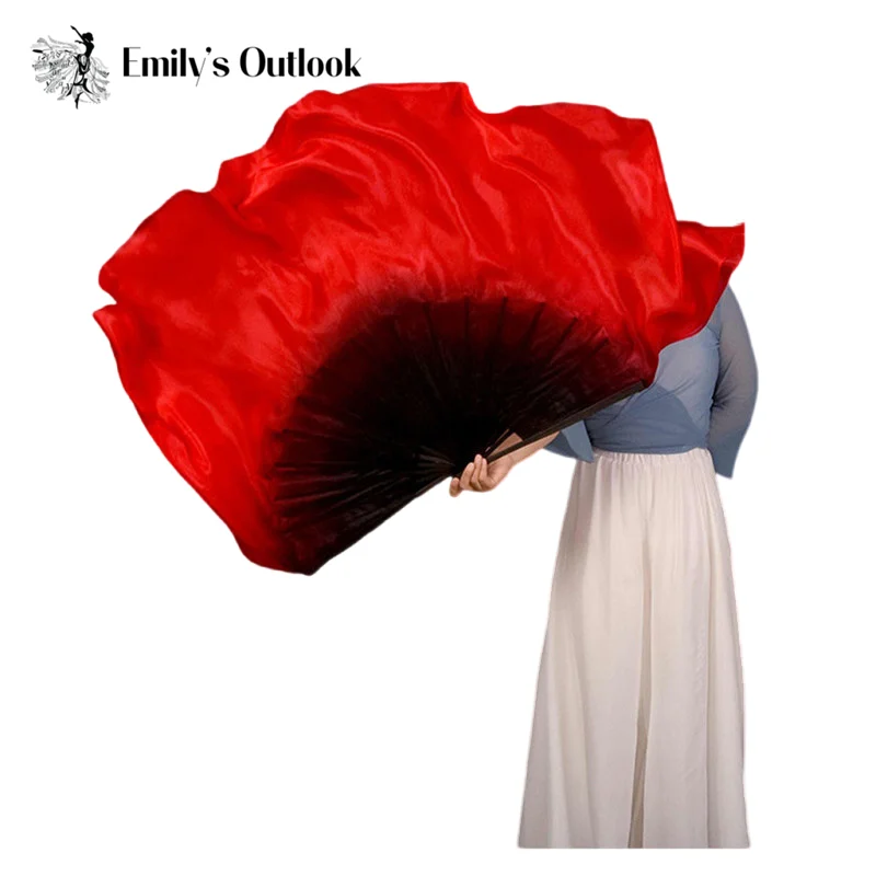 Een Paar 100% Echte Zijden Sluiers 2 Lagen Dubbelzijdig Cirkel Fan Handverf Zwart Rood Buikdans Square Dance Props Extra Lang