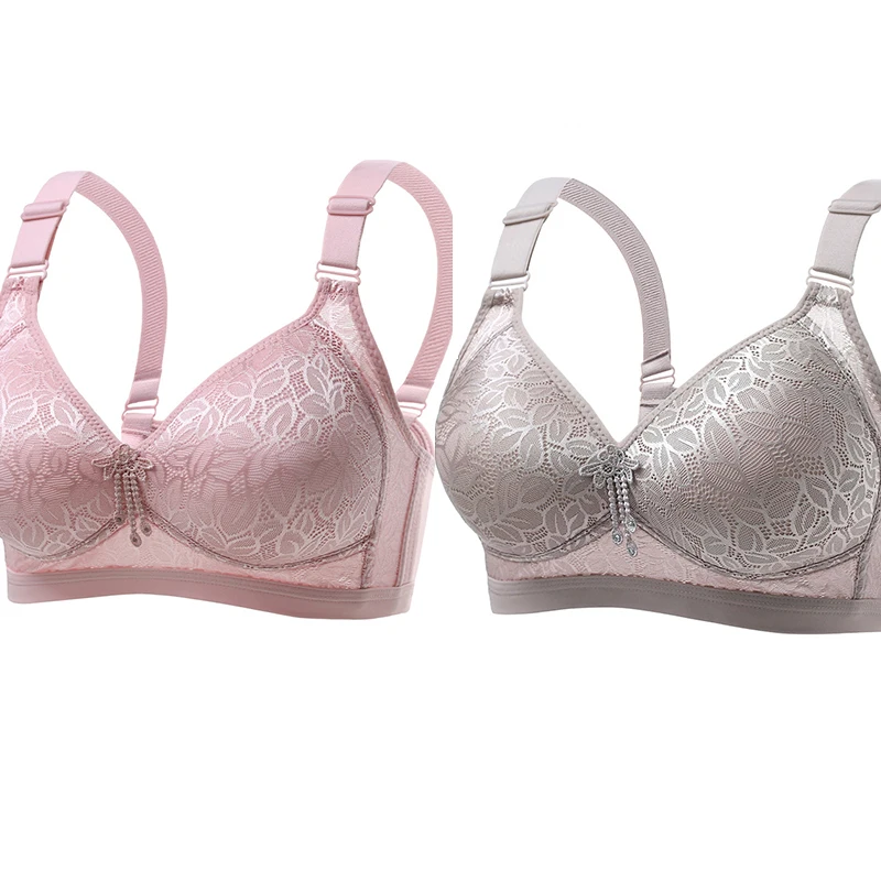 Sujetador Push Up Sexy para mujer, sostén con escote en V profundo, ropa interior gruesa de algodón para mujer, lencería de flores bordadas moradas de encaje, sujetadores de copa de talla grande