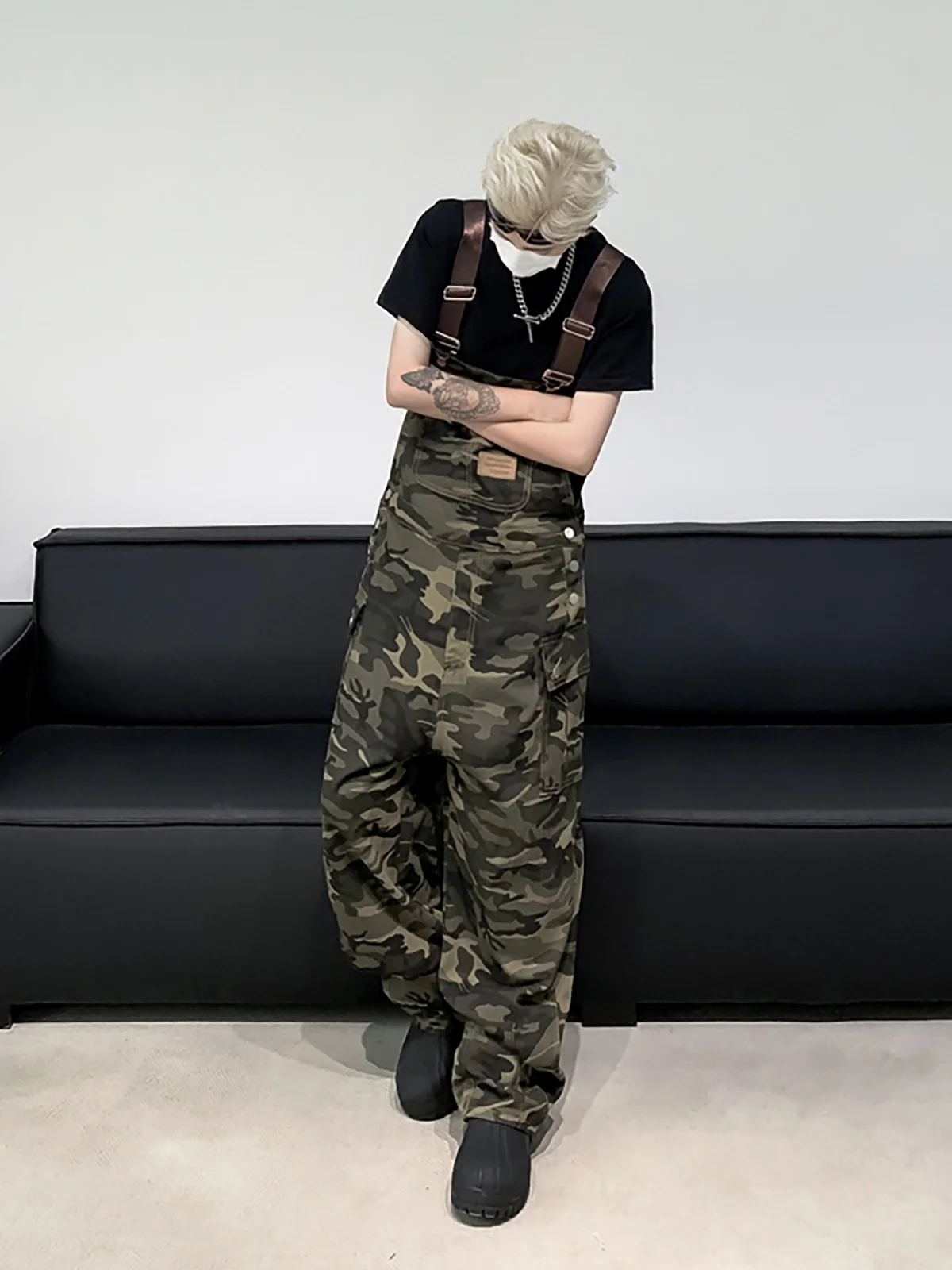 

Retro Camouflage Workwear Overalls Loose Casual ex Straight Leg Multi-ket Deconstructed Design Wide Leg Pants
