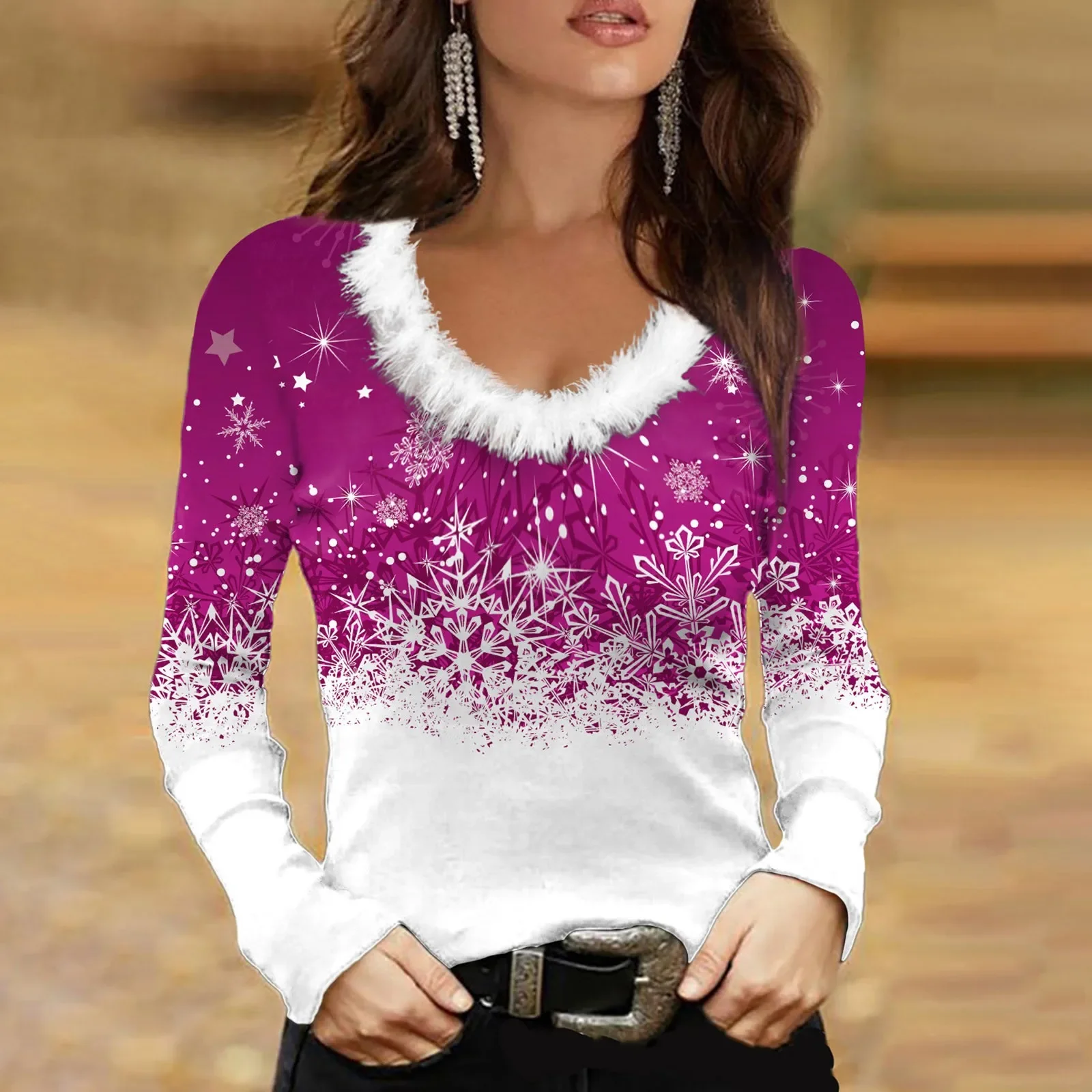 Sudadera de manga larga con cuello de piel para mujer, blusa de fiesta de felpa con cuello en V, camiseta delgada con estampado navideño, otoño e invierno, nueva