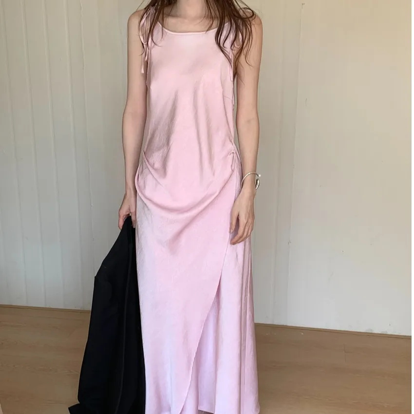 Été soie Satin enveloppement taille Strapl Dr femmes Faion Ele jupe plissée évider Ne longue robe t-shirt couleurs