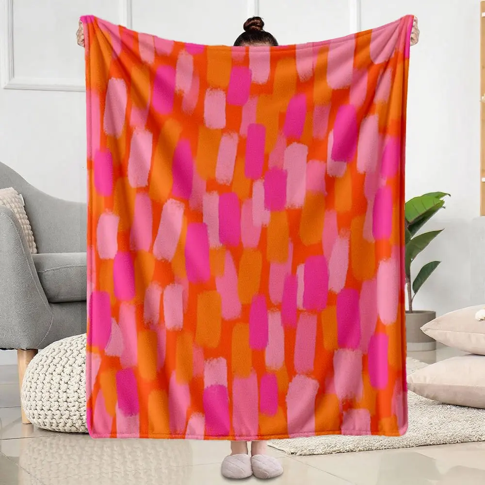 Vibrant Pink Orange Brush Stroke Rectangle Print Flannel Blanket Soft Throw For Sofa Bedroom Indoor Daily Home Warm Gift