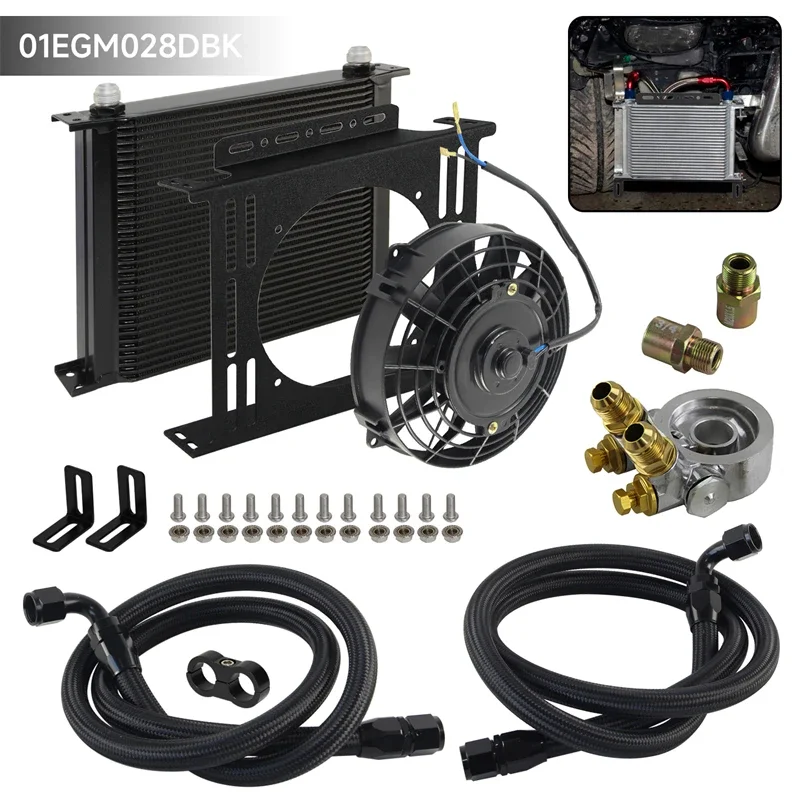 7'' Electric Fan +34 Row Oil Cooler 80 °C Thermostat Adapter 3/4x16UNF and M20x1.5 +Transmission Engine Universal Black/Silver