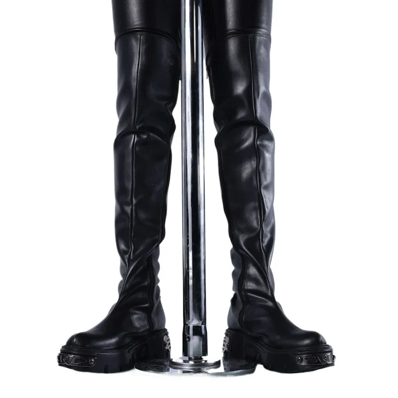 Men\'s High Heels Riding Boots Zip Stage perform Over-the-Knee Boots Shaft Leng Platform Thick Heel Round Toe Metal Long Boots