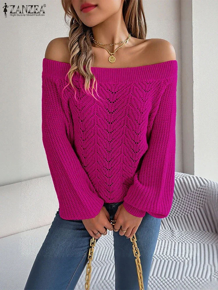 2023 ZANZEA Stilvolle Herbst Lange Laterne Hülse Gestrickte Pullover Frauen Pullover Pullover Winter Elegante Casual Slash Neck Jumper