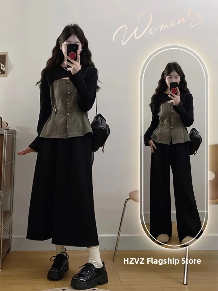 

Fashionable plus Size Women's Denim Set Spring Season High Waist A-Line Skirt Long Sleeve round Neck Top Conceal Flattering